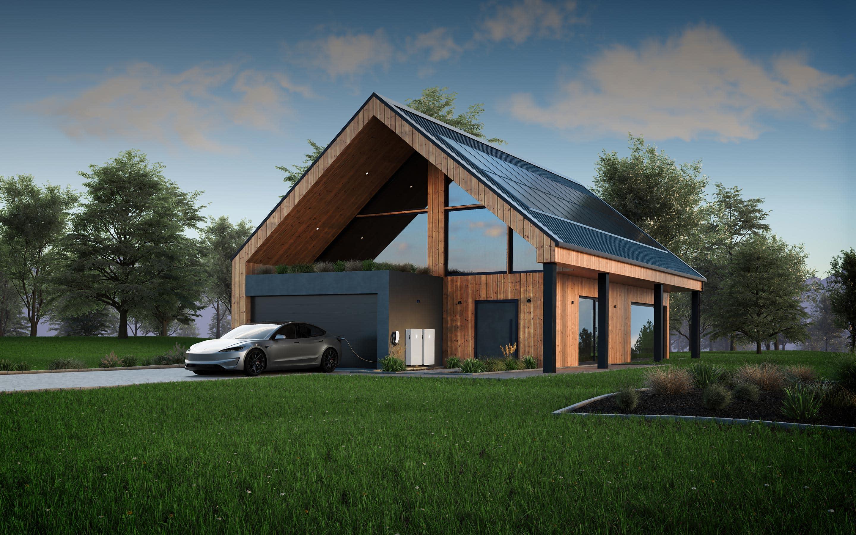 Modern home with Tesla Solar Roof, Powerwall units and a Tesla car